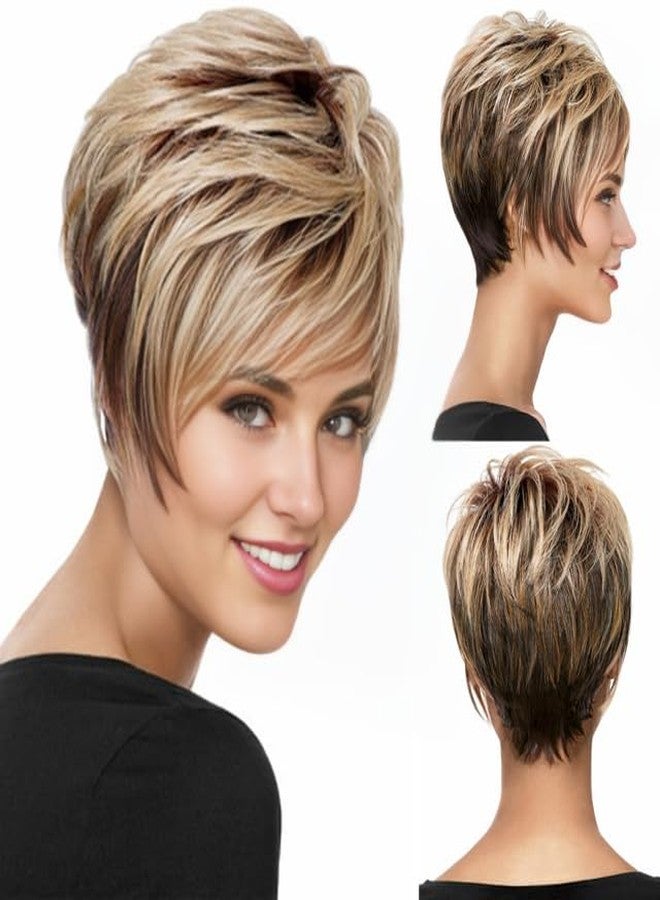 RENERSHOW Short Wigs for White Women Layered Brown Ombre Blonde Pixie Wig Synthetic Short Hair Wig with Bangs Mix Color Natural Looking Daily Party - Image 1